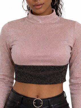 Naked Wardrobe Rose Gold & Bronze Metallic Crop top Mock Neck Long Sleeve  XL
